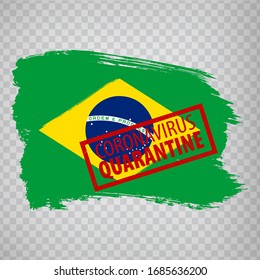 Flag of  Brazil  from brush strokes and Coronavirus Quarantine rectangle grunge framed seal. Red vector rectangle textured seal stamp with Coronavirus Quarantine text inside rectangle. EPS10. 