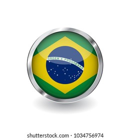 Flag of brazil, button with metal frame and shadow. brazil flag vector icon, badge with glossy effect and metallic border. Realistic vector illustration on white background.