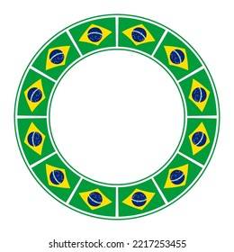 Bandera de Brasil, marco de círculo. Frontera, hecha de la repetida bandera nacional del motivo de Brasil. Disco azul que representa un cielo estrellado coronado por una banda curvada inscrita, dentro de un rhombus amarillo en un campo verde.