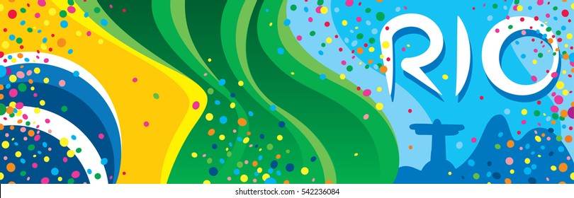 The flag of Brazil in front of the wonderful city in the carnival party with many confetti around and the name of the city in the sky