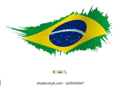 Flag of Brazil in grunge style with waving effect, vector grunge brush stroke flag.