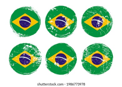 Flag of Brazil grunge textures set. National flag of Federative Republic of Brazil. Grungy effect templates collection for greetings cards, posters, celebrate banners and flyers. Vector illustration.