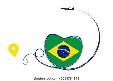 Flag of Brazil. Heart, love romantic travel. Symbol of airplane, air plane, aircraft, aeroplane, flying, fly jet airline. Line path. Vector location pointer route. Travel for your  design, logo.