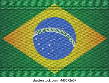 Flag of Brazil with jeans texture. Design denim fabric background. Vector illustration