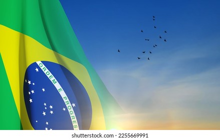 Flag of Brazil on background of sunset. Patriotic background. EPS10 vector