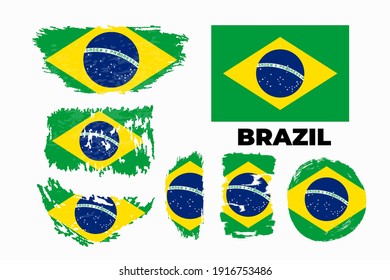 Flag of Brazil on white background. Vector illustration in trendy flat style. EPS 10. Vector stock illustration brush stroke set in grunge style.