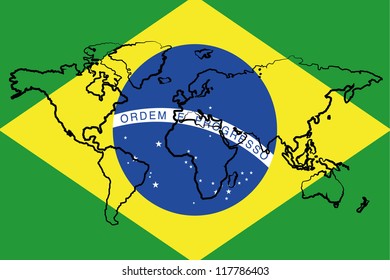 The flag of Brazil with the outline of the world