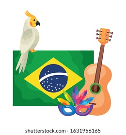 flag of brazil with parrot and icons traditional vector illustration design