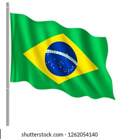 Flag of Brazil with flag pole waving in wind. Vector illustration