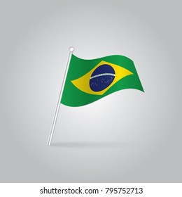 Flag of Brazil with flag pole waving in wind on white background
