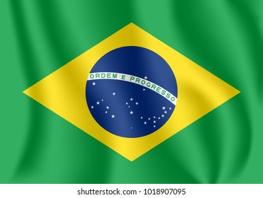 Flag of Brazil. Realistic waving flag of Federative Republic of Brazil. Fabric textured flowing flag of Brazil.