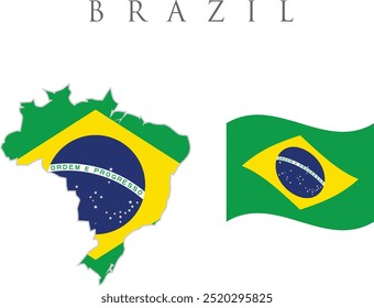 Flag of Brazil set. Brazil flag and map  shape set . Brazil flag set, official colors and proportion of Federative Republic of Brazil flag and map vector 