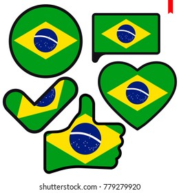 Flag of Brazil in the shape of Button, Heart, Like, Check mark, flat style, symbol of love for his country, patriotism, icon for Independence Day.