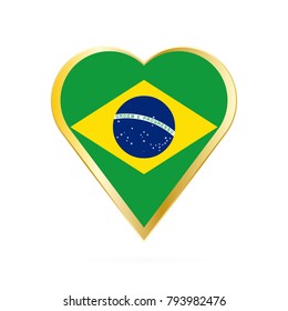 Flag of Brazil in the shape of Heart, symbol of Love Gold version.