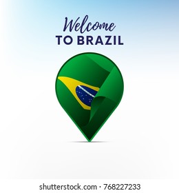 Flag of Brazil in shape of map pointer or marker. Welcome to Brazil. Vector illustration.