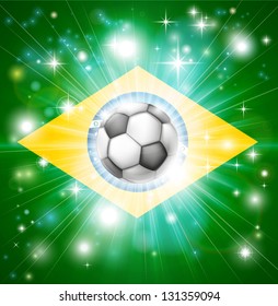 Flag of Brazil soccer background with pyrotechnic or light burst and soccer football ball in the centre
