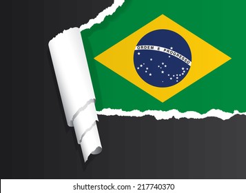 Flag of Brazil under ripped paper vector illustration.