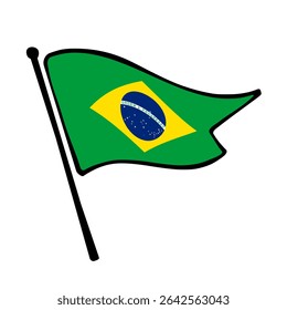 Flag of Brazil. Brazil flag vector illustration icon design in the hand-drawn style. Fluttering flagpole flag.