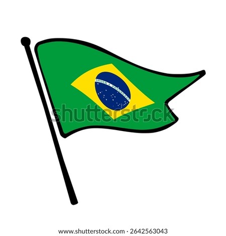 Flag of Brazil. Brazil flag vector illustration icon design in the hand-drawn style. Fluttering flagpole flag.