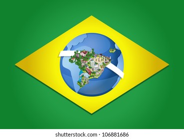 Flag of Brazil with world map. Cities of Brazil.