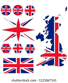 The flag of Britain and the geometric forms with the colors of the flag, also the territory of Britain.