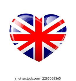 Flag of Britain in the shape of a heart. Heart with UK flag. 3d illustration, vector