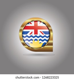 Flag of British Columbia, button with the reflection of light and shadow, gold frame, Icon country. Realistic vector illustration on gray background.
