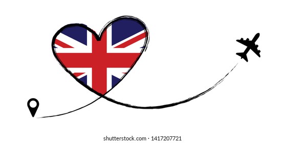 Flag British, United Kingdom, Great Britain, England. Heart, love travel. Symbol of  airplane, air plane, aircraft, aeroplane, flying, fly jet airline. Line path. Vector location travel. Union Jack