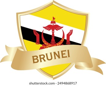 Flag of brunei as around the metal gold shield with brunei flag