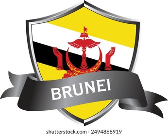 Flag of brunei as around the metal silver shield with brunei flag