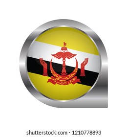 Flag of Brunei Darussalam, location map pin, pointer flag, button with the reflection of light and shadow, silver frame, Icon country. Realistic vector illustration on white background.