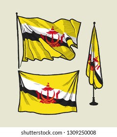 Flag of Brunei on the wind and on the wall vector drawing illustration set