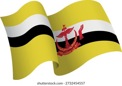 Bandera de Brunéi. Bandera de estilo de cinta que transmite una sensación de movimiento y efecto ondulante. Las elegantes curvas y el sombreado realista crean una sensación de movimiento. Ideal para proyectos internacionales, materiales de viaje y presentaciones culturales.