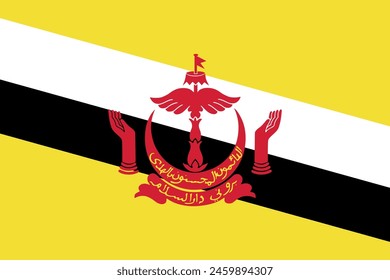 Bandera de Brunei. Bandera amarilla con franjas diagonales en blanco y negro. Símbolo de Estado de Brunei Darussalam.