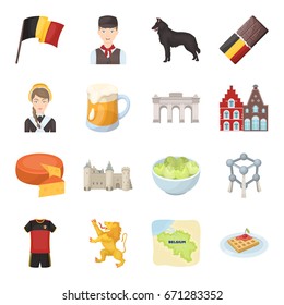 Flag, Brussels, chocolate, cheese, stained glass, lion, and other symbols. Belgium set collection icons in cartoon style vector symbol stock illustration web.