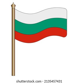 Flag of Bulgaria. Color vector illustration. Three-colored fabric. The national symbol of the state develops in the wind. Cartoon style. Isolated background. Political themes. 