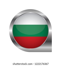 Flag of Bulgaria, location map pin, pointer flag, button with the reflection of light and shadow, silver frame, Icon country. Realistic vector illustration on white background.