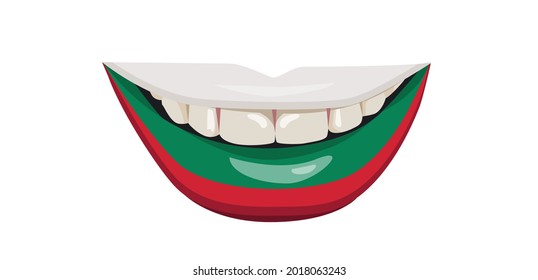 The flag of Bulgaria on the lips. A woman's smile with white teeth. Vector illustration.