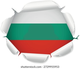 Bandeira da Bulgária. Bandeira Revelada Através de Furo de Papel Rasgado com Bordas Enroscadas Realistas sobre um fundo transparente. As bordas rasgadas se curvam para fora com sombras e profundidade realistas, criando um efeito de revelação impressionante