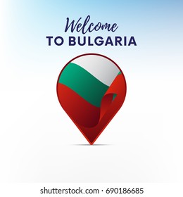 Flag of Bulgaria in shape of map pointer or marker. Welcome to Bulgaria. Vector illustration.