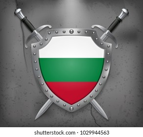 Flag of Bulgaria. The Shield with National Flag. Two Crossed Swords. Vector Medieval Background