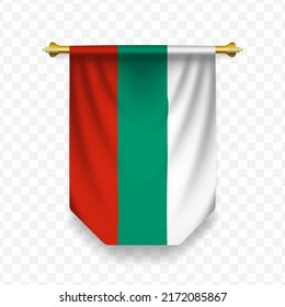 Bandera de Bulgaria. Ilustración vectorial de una bandera vertical colgante sobre un fondo transparente (PNG).