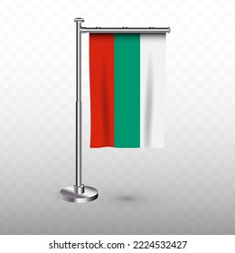 Flag of Bulgaria. Vector illustration of a vertical hanging flag with flagpole on a transparent background (PNG).