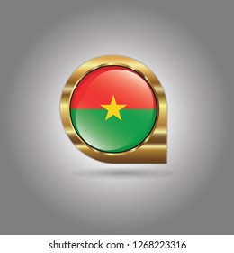 Flag of Burkina Faso, button with the reflection of light and shadow, gold frame, Icon country. Realistic vector illustration on gray background.