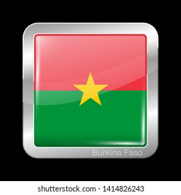 Flag of Burkina Faso. Glossy and Metal Icon Square Shape. Vector Button