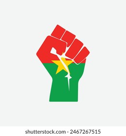 Flag of Burkina Faso in the shape of raised hand sign isolated on background. Fist symbol modern, simple, vector, icon for website design, mobile app, ui. Vector Illustration