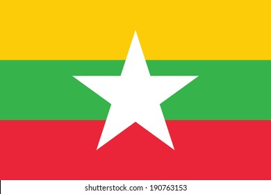 Flag of Burma (the Republic of the Union of Myanmar). Vector. Accurate dimensions, elements proportions and colors.