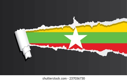 Flag of Burma under ripped paper vector illustration.