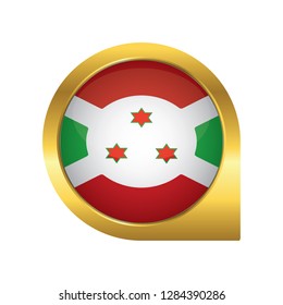 Flag of Burundi, location map pin, pointer flag, button with the reflection of light and shadow, gold frame, Icon country. Realistic vector illustration on white background.