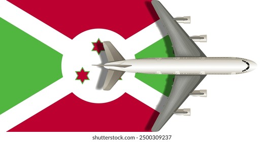 Flag of Burundi with a plane flying over it close up. Vector image.